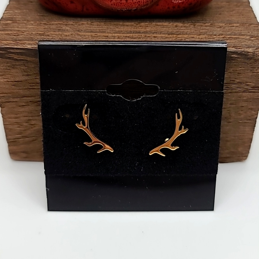 Little Gold Deer Antler Stud Earrings - Picture 2 of 3